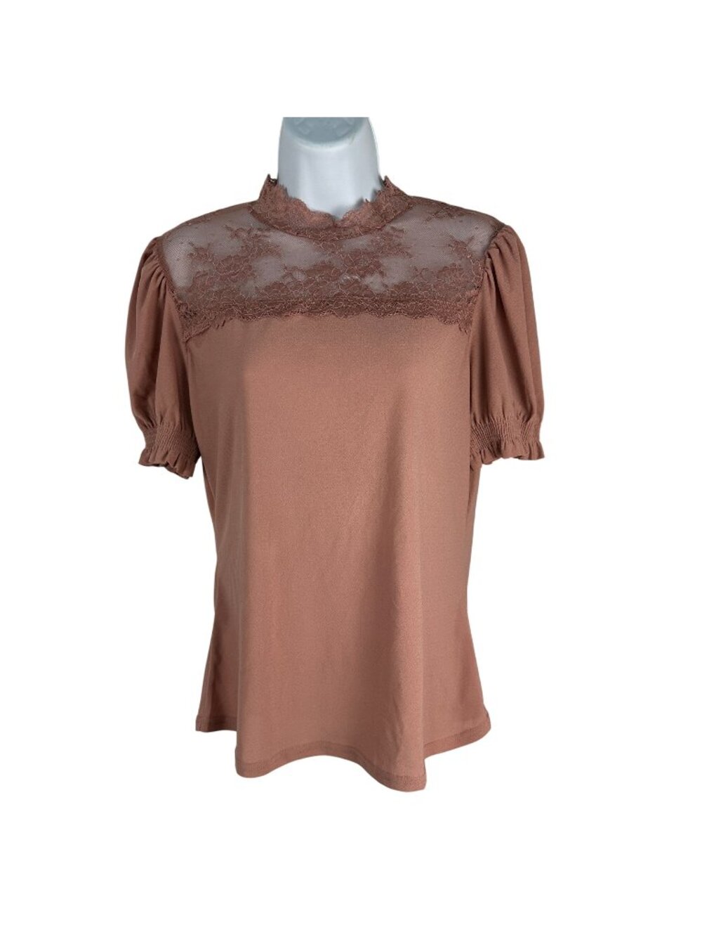 Mine Womens Lace Detail Top Large Short Puff Sleeve Rose Pink Polyester/Spandex